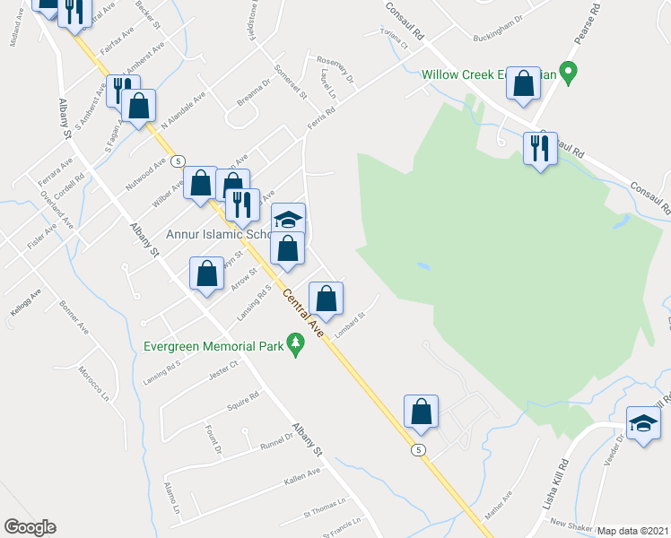 map of restaurants, bars, coffee shops, grocery stores, and more near 33 Saint George Place in Schenectady