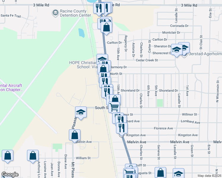 map of restaurants, bars, coffee shops, grocery stores, and more near 3343 Douglas Avenue in Racine