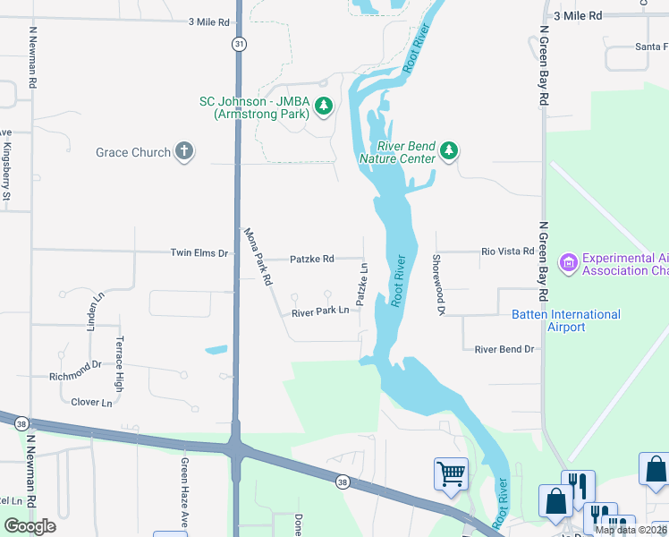 map of restaurants, bars, coffee shops, grocery stores, and more near 3322 Patzke Lane in Racine