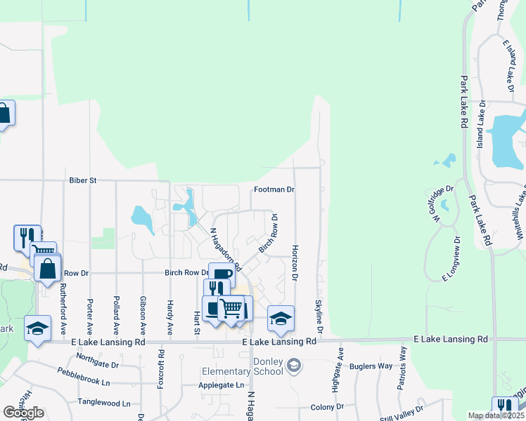 map of restaurants, bars, coffee shops, grocery stores, and more near 6226 Birch Row Drive in East Lansing