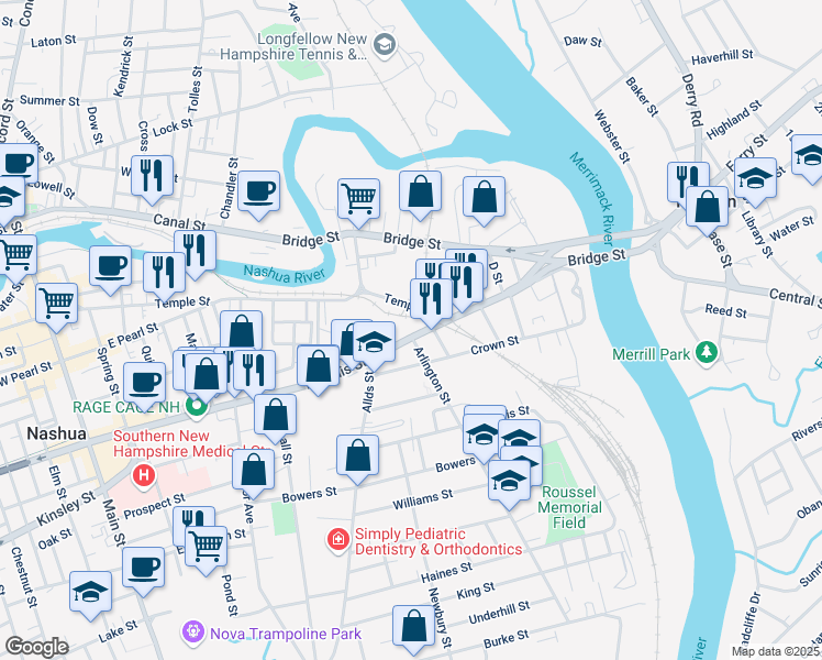 map of restaurants, bars, coffee shops, grocery stores, and more near 110 East Hollis Street in Nashua