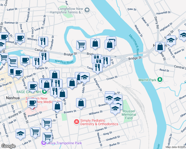 map of restaurants, bars, coffee shops, grocery stores, and more near 110 East Hollis Street in Nashua