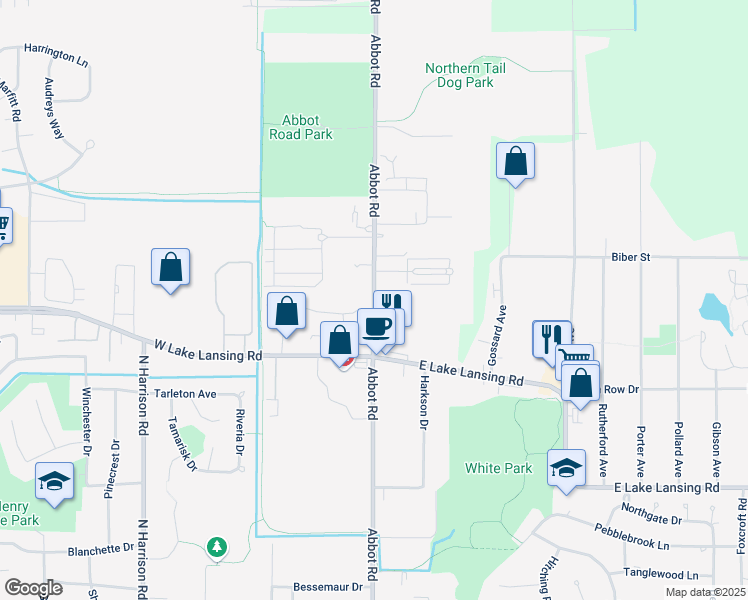 map of restaurants, bars, coffee shops, grocery stores, and more near 6170 Abbot Road in East Lansing