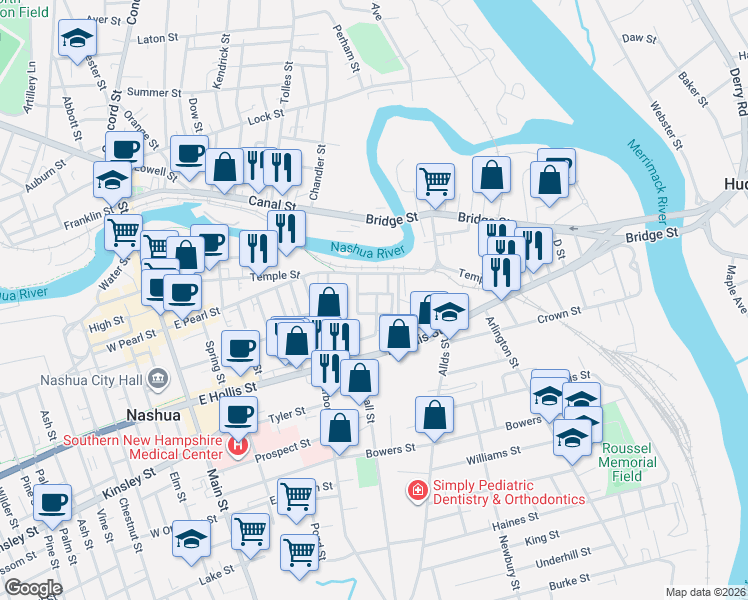 map of restaurants, bars, coffee shops, grocery stores, and more near 5A Howard Street in Nashua