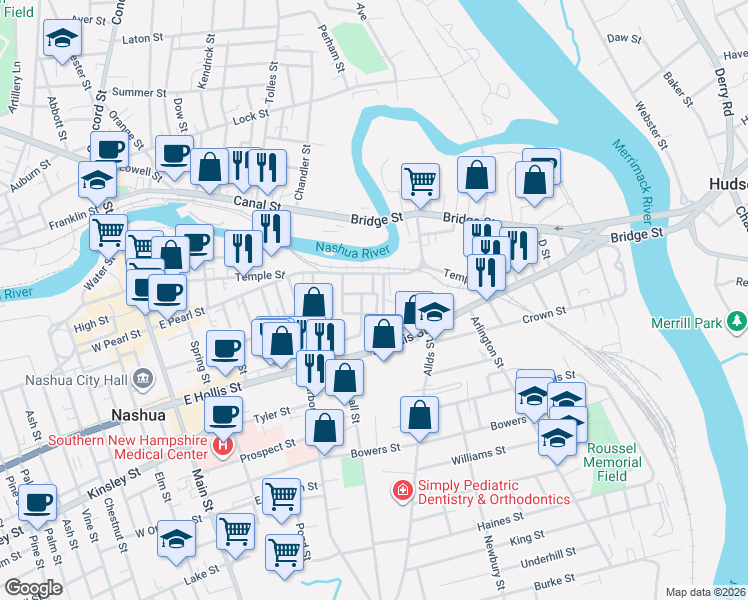 map of restaurants, bars, coffee shops, grocery stores, and more near 55 Worcester Street in Nashua