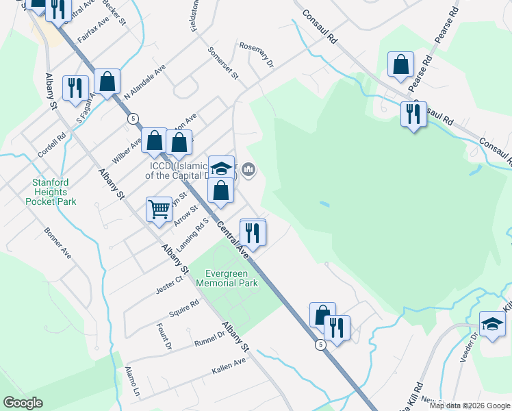 map of restaurants, bars, coffee shops, grocery stores, and more near 32A Saint George Place in Schenectady