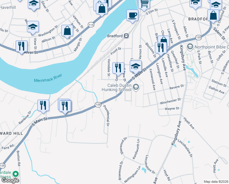 map of restaurants, bars, coffee shops, grocery stores, and more near 552 South Main Street in Haverhill