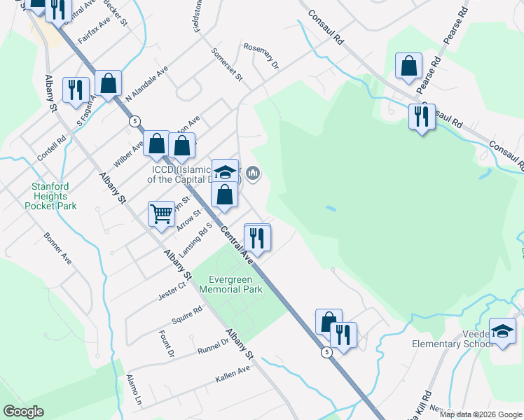 map of restaurants, bars, coffee shops, grocery stores, and more near 33 Saint George Place in Schenectady