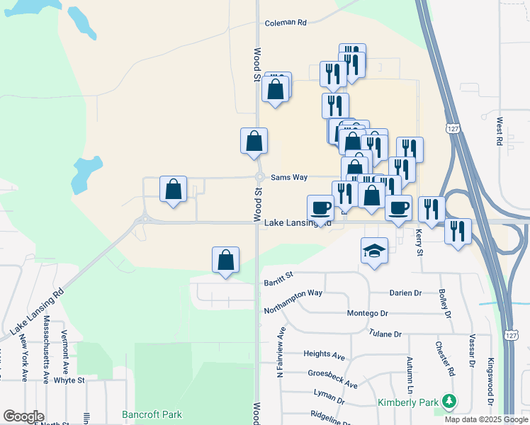 map of restaurants, bars, coffee shops, grocery stores, and more near 2017 Lake Lansing Road in Lansing