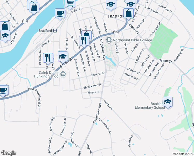 map of restaurants, bars, coffee shops, grocery stores, and more near 103 Lamoille Avenue in Haverhill