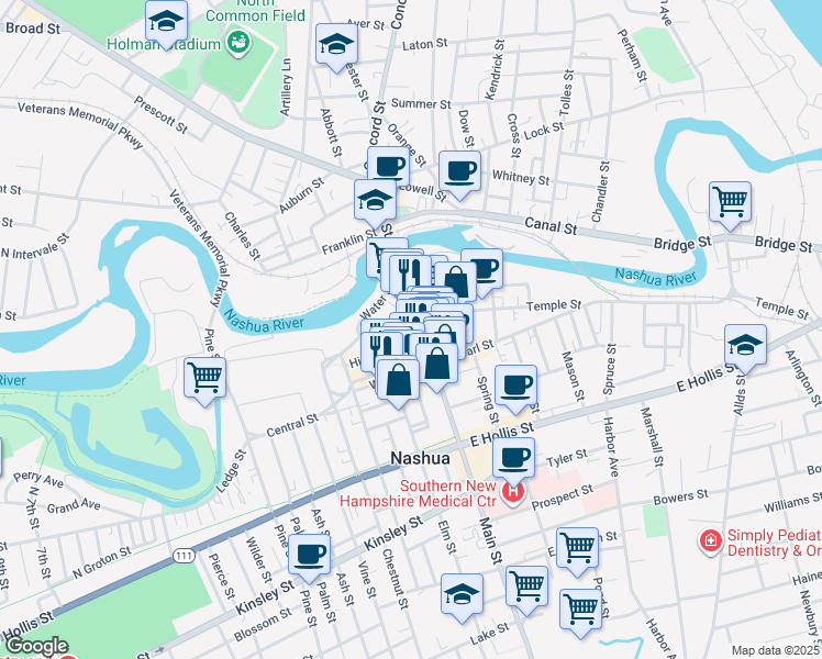 map of restaurants, bars, coffee shops, grocery stores, and more near 16 High Street in Nashua