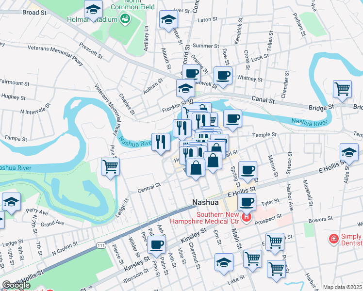 map of restaurants, bars, coffee shops, grocery stores, and more near 45 High Street in Nashua