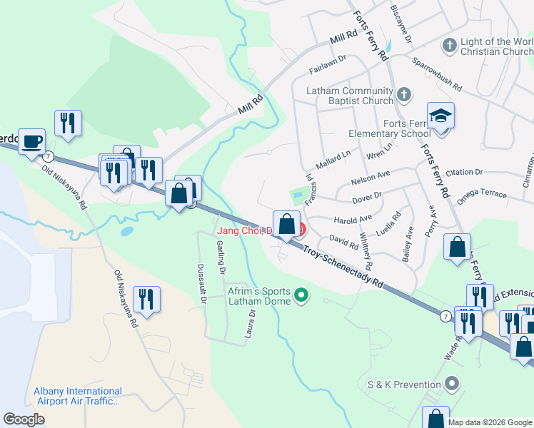map of restaurants, bars, coffee shops, grocery stores, and more near 825 Troy Schenectady Road in Latham