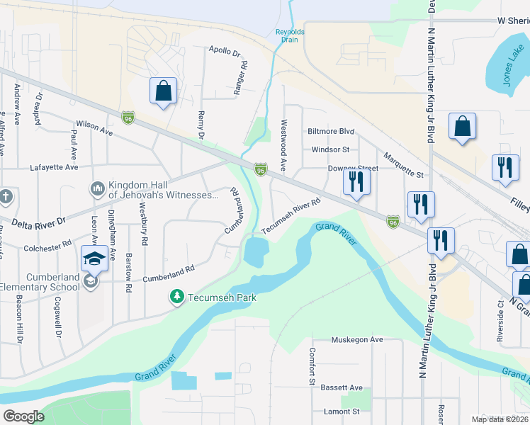 map of restaurants, bars, coffee shops, grocery stores, and more near 1918 Tecumseh River Road in Lansing