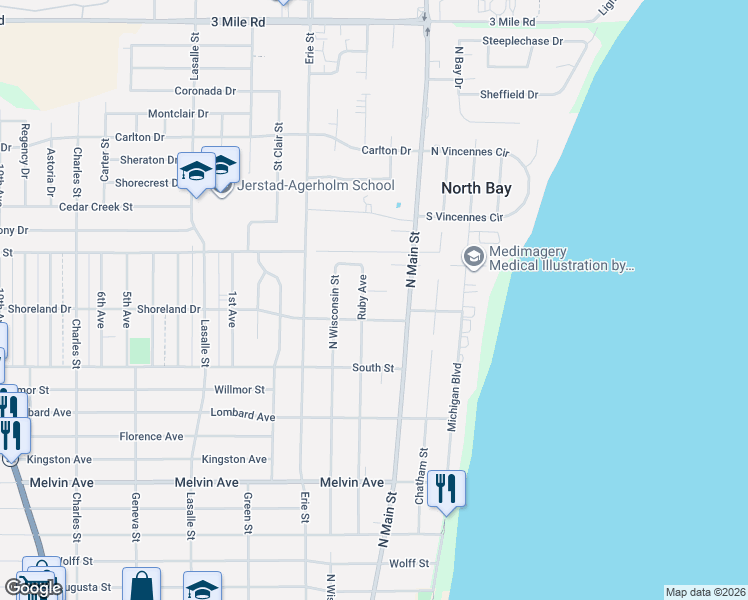 map of restaurants, bars, coffee shops, grocery stores, and more near 3345 Ruby Avenue in Racine
