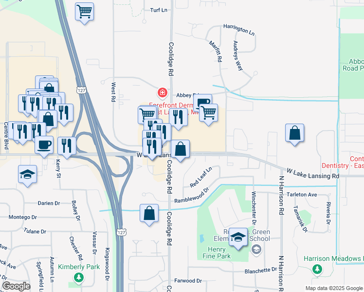 map of restaurants, bars, coffee shops, grocery stores, and more near 1380 West Lake Lansing Road in East Lansing