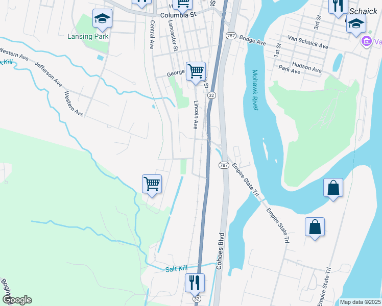 map of restaurants, bars, coffee shops, grocery stores, and more near 64 Lincoln Avenue in Cohoes