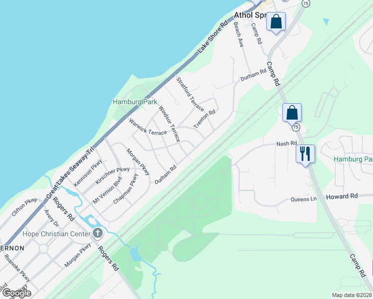 map of restaurants, bars, coffee shops, grocery stores, and more near 4551 Windsor Terrace in Hamburg
