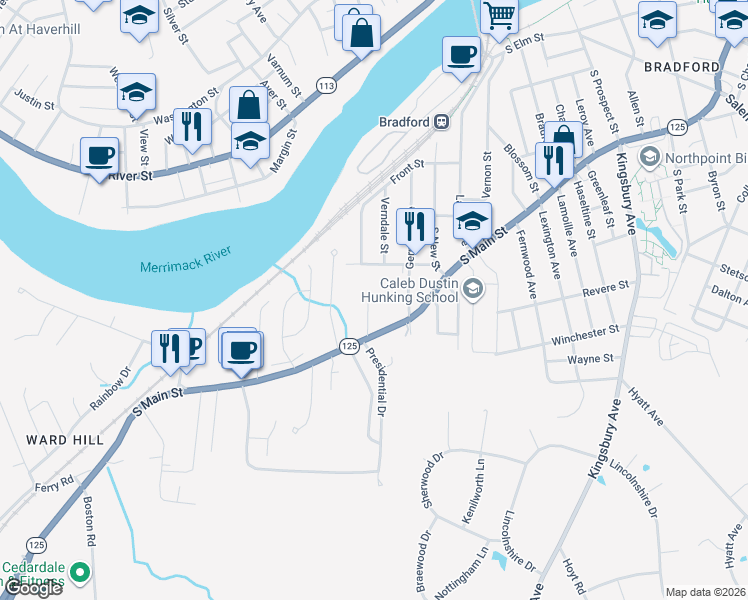 map of restaurants, bars, coffee shops, grocery stores, and more near 32 South Cogswell Street in Haverhill