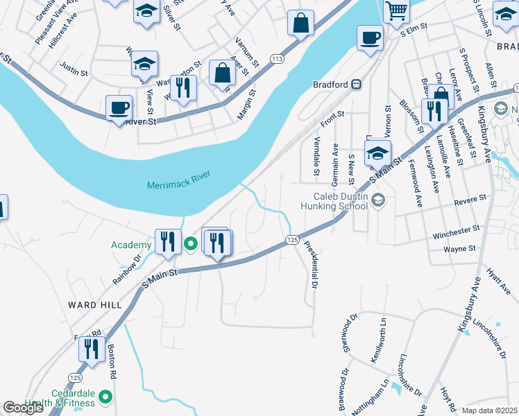 map of restaurants, bars, coffee shops, grocery stores, and more near 36 Twin Brooks Circle in Haverhill