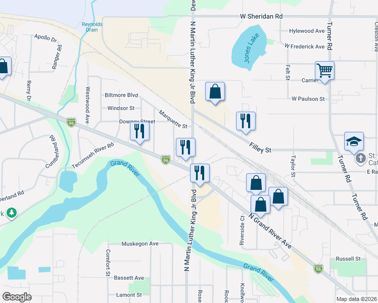 map of restaurants, bars, coffee shops, grocery stores, and more near 2812 North Martin Luther King Junior Boulevard in Lansing