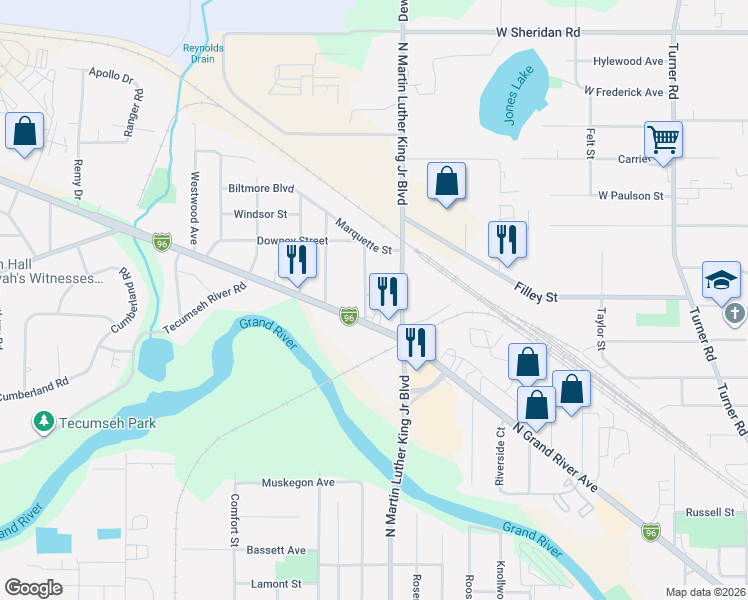map of restaurants, bars, coffee shops, grocery stores, and more near 2816 Hollywood Street in Lansing