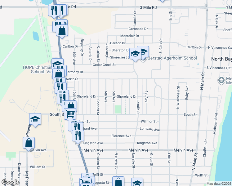 map of restaurants, bars, coffee shops, grocery stores, and more near 3440 5th Avenue in Racine