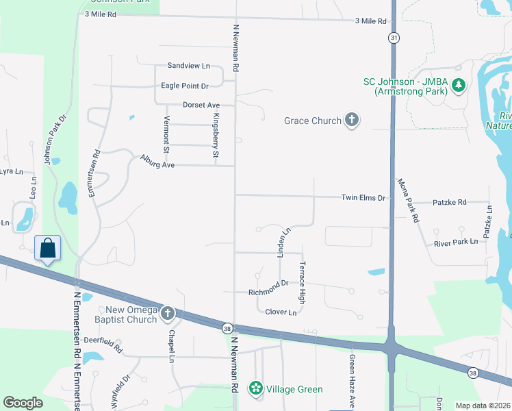map of restaurants, bars, coffee shops, grocery stores, and more near 5320 Twin Elms Drive in Racine