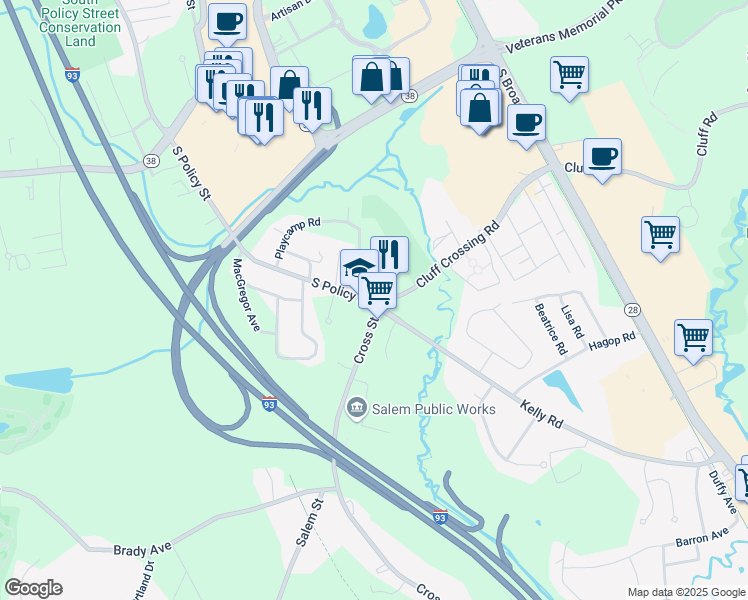 map of restaurants, bars, coffee shops, grocery stores, and more near 171 South Policy Street in Salem
