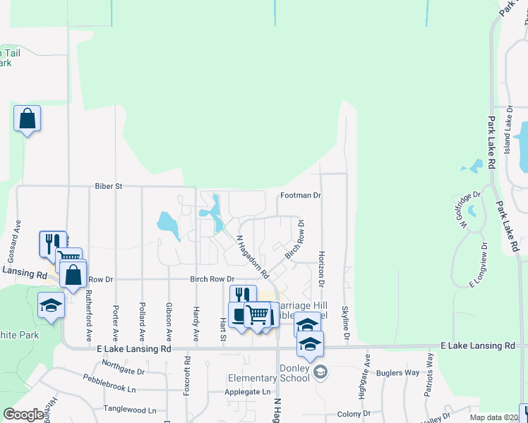 map of restaurants, bars, coffee shops, grocery stores, and more near 6249 Rothbury Way in East Lansing