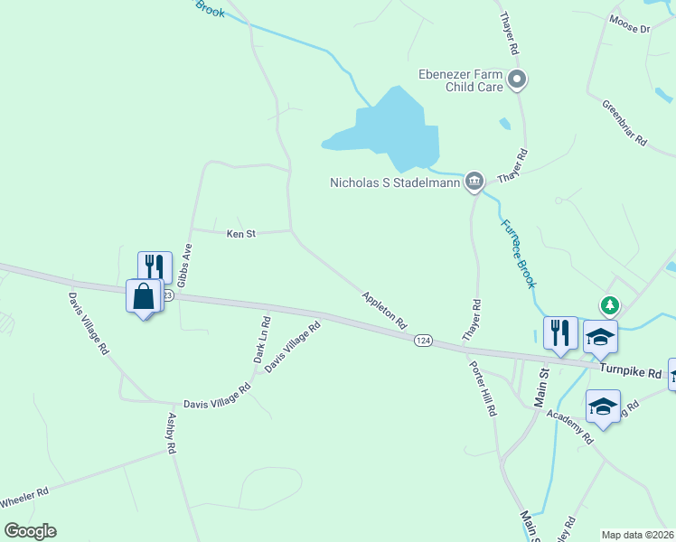 map of restaurants, bars, coffee shops, grocery stores, and more near 43 Appleton Road in New Ipswich