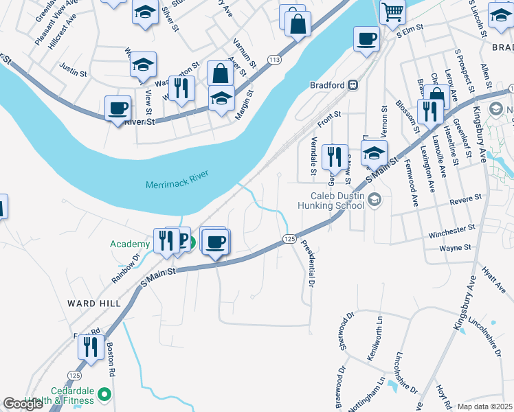 map of restaurants, bars, coffee shops, grocery stores, and more near 36 Twin Brooks Circle in Haverhill