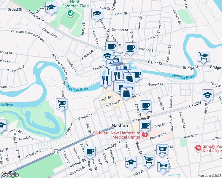 map of restaurants, bars, coffee shops, grocery stores, and more near 113 Main Street in Nashua