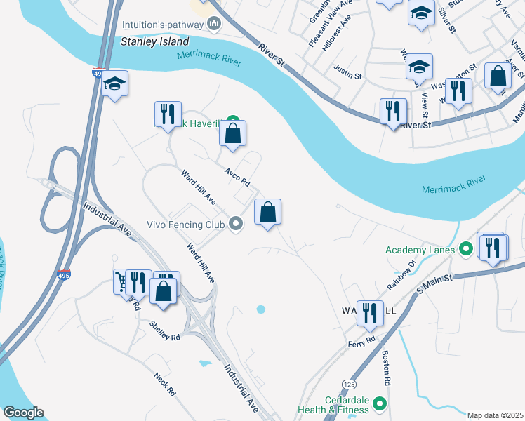 map of restaurants, bars, coffee shops, grocery stores, and more near 12 Rogers Road in Haverhill