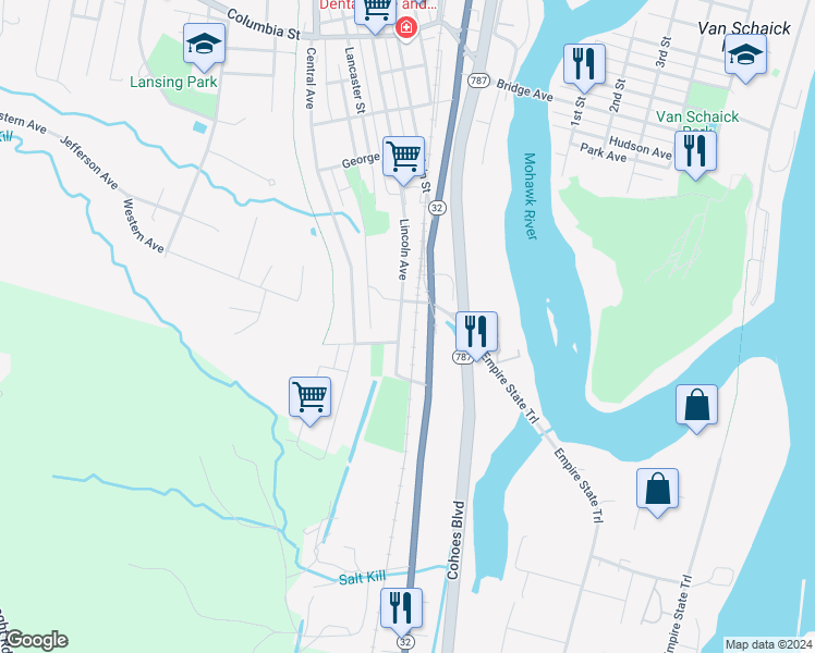 map of restaurants, bars, coffee shops, grocery stores, and more near 51 Lincoln Avenue in Cohoes
