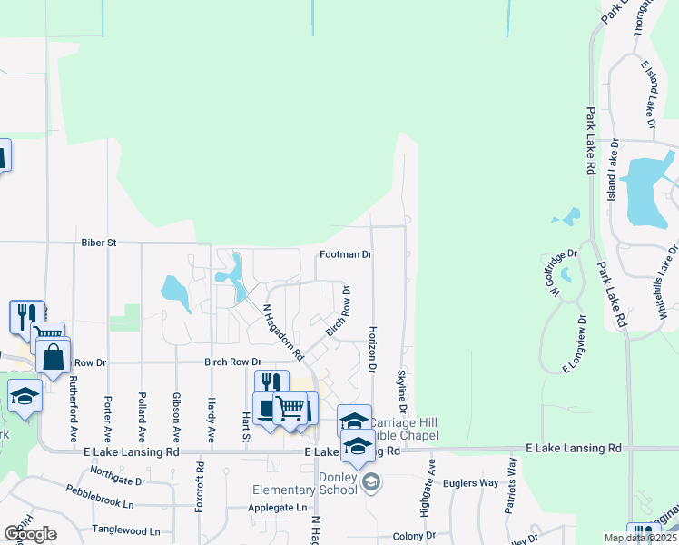 map of restaurants, bars, coffee shops, grocery stores, and more near 6224 Birch Row Drive in East Lansing