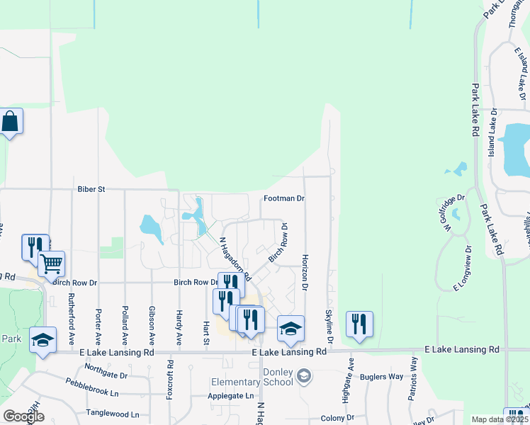map of restaurants, bars, coffee shops, grocery stores, and more near 2953 Footman Drive in East Lansing