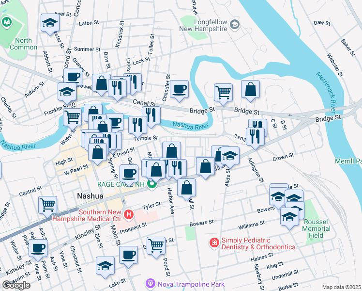 map of restaurants, bars, coffee shops, grocery stores, and more near 103 Temple Street in Nashua