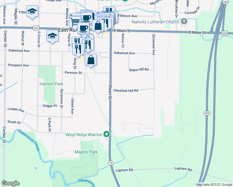 map of restaurants, bars, coffee shops, grocery stores, and more near 218 Olean Street in East Aurora