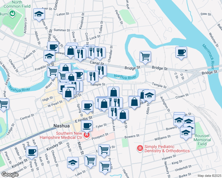map of restaurants, bars, coffee shops, grocery stores, and more near 4 Williams Court in Nashua