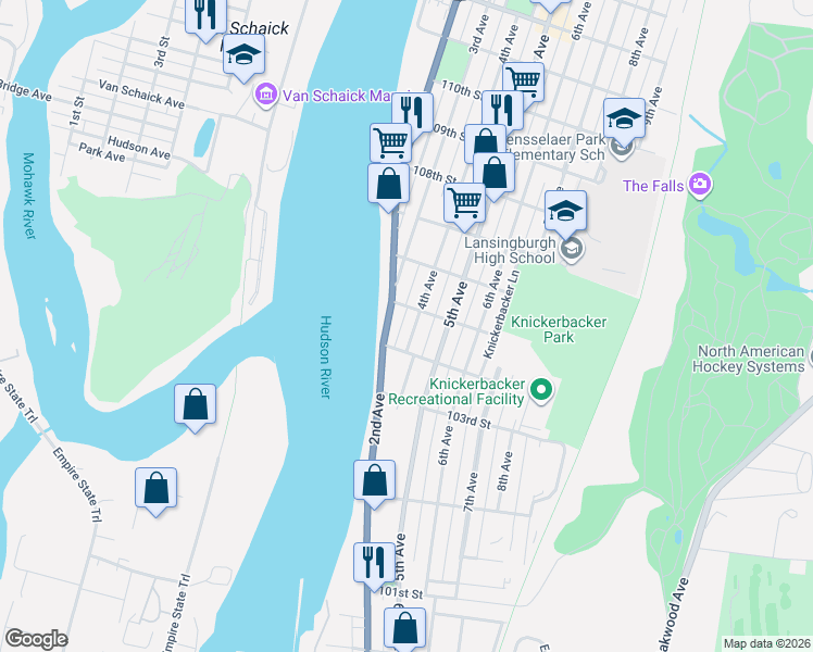 map of restaurants, bars, coffee shops, grocery stores, and more near 246 2nd Avenue in Troy