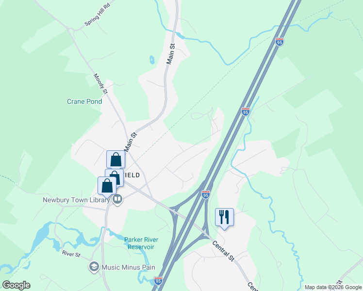 map of restaurants, bars, coffee shops, grocery stores, and more near 19 Downfall Road in Newbury