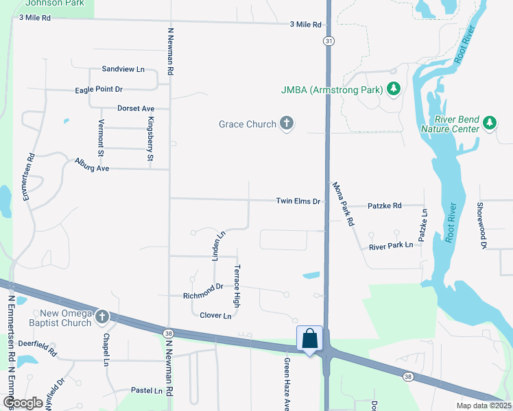 map of restaurants, bars, coffee shops, grocery stores, and more near 5104 Twin Elms Drive in Racine