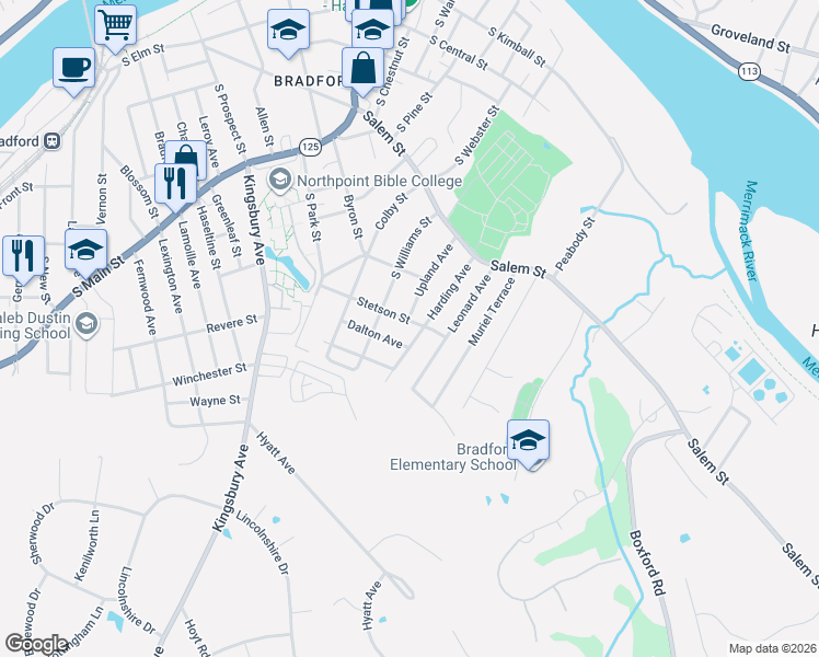 map of restaurants, bars, coffee shops, grocery stores, and more near 61 Upland Avenue in Haverhill