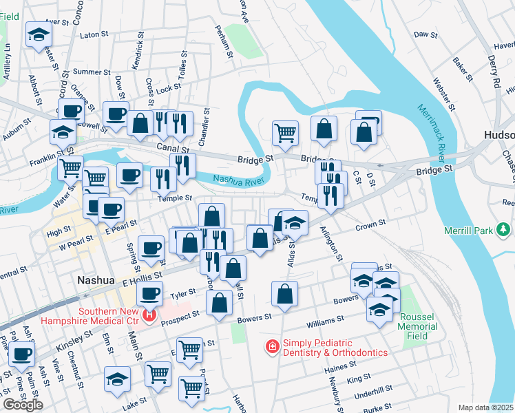 map of restaurants, bars, coffee shops, grocery stores, and more near in Nashua