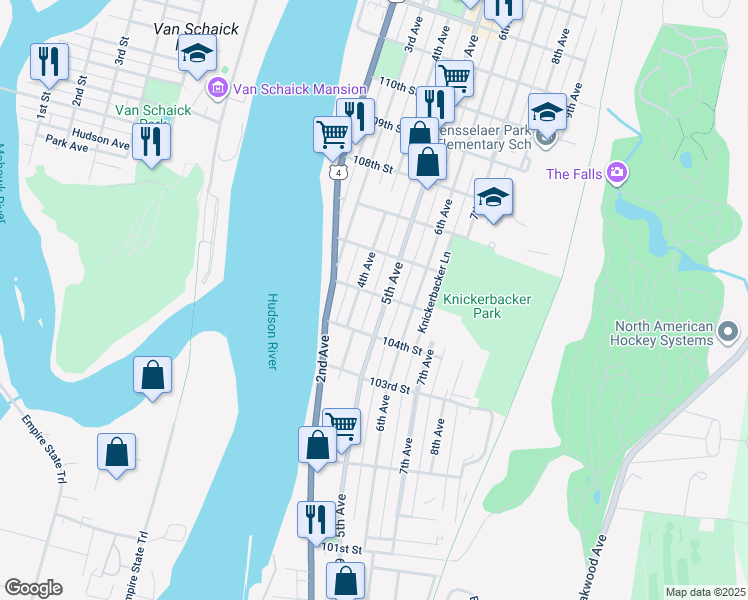 map of restaurants, bars, coffee shops, grocery stores, and more near 250 4th Avenue in Troy