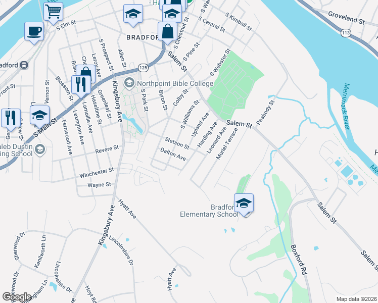 map of restaurants, bars, coffee shops, grocery stores, and more near 61 Upland Avenue in Haverhill