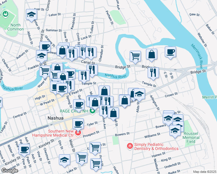map of restaurants, bars, coffee shops, grocery stores, and more near 103 Temple Street in Nashua