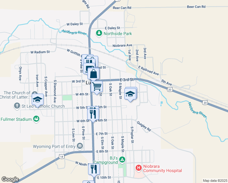 map of restaurants, bars, coffee shops, grocery stores, and more near 300-398 South Oak Street in Lusk