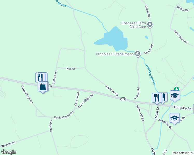 map of restaurants, bars, coffee shops, grocery stores, and more near 43 Appleton Road in New Ipswich